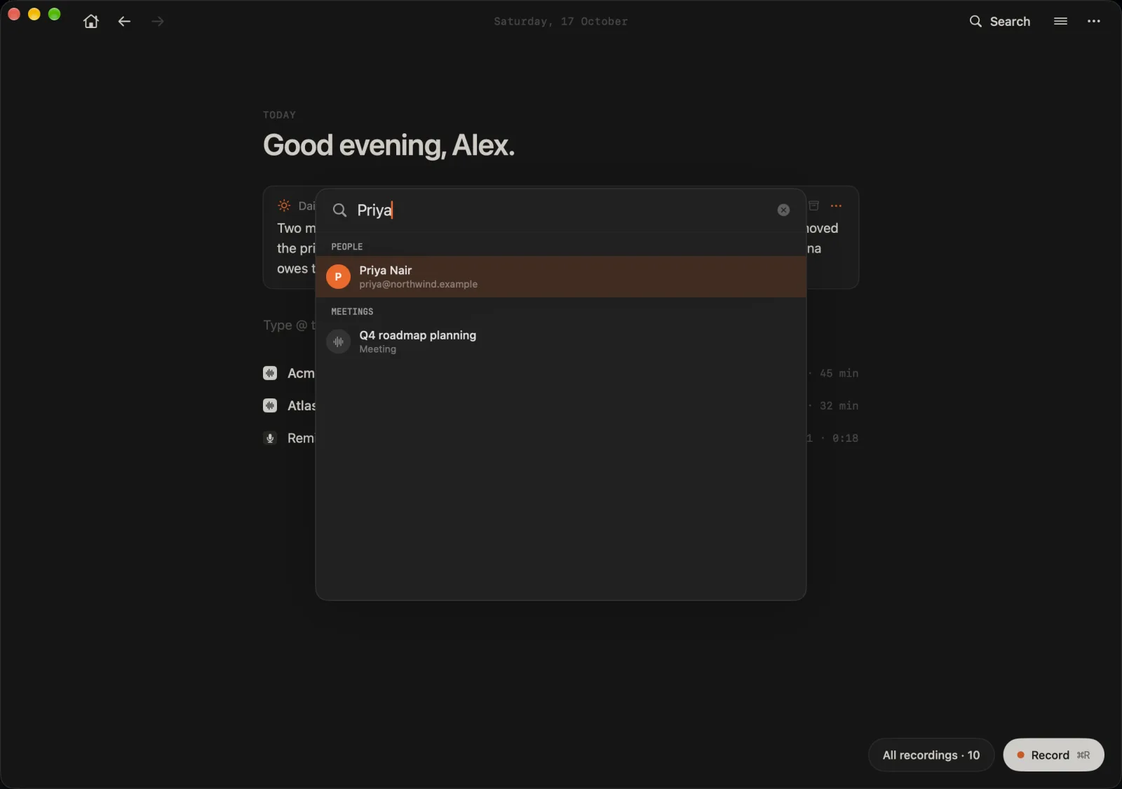 Hapi's ⌘K search overlay finding a person and a related meeting