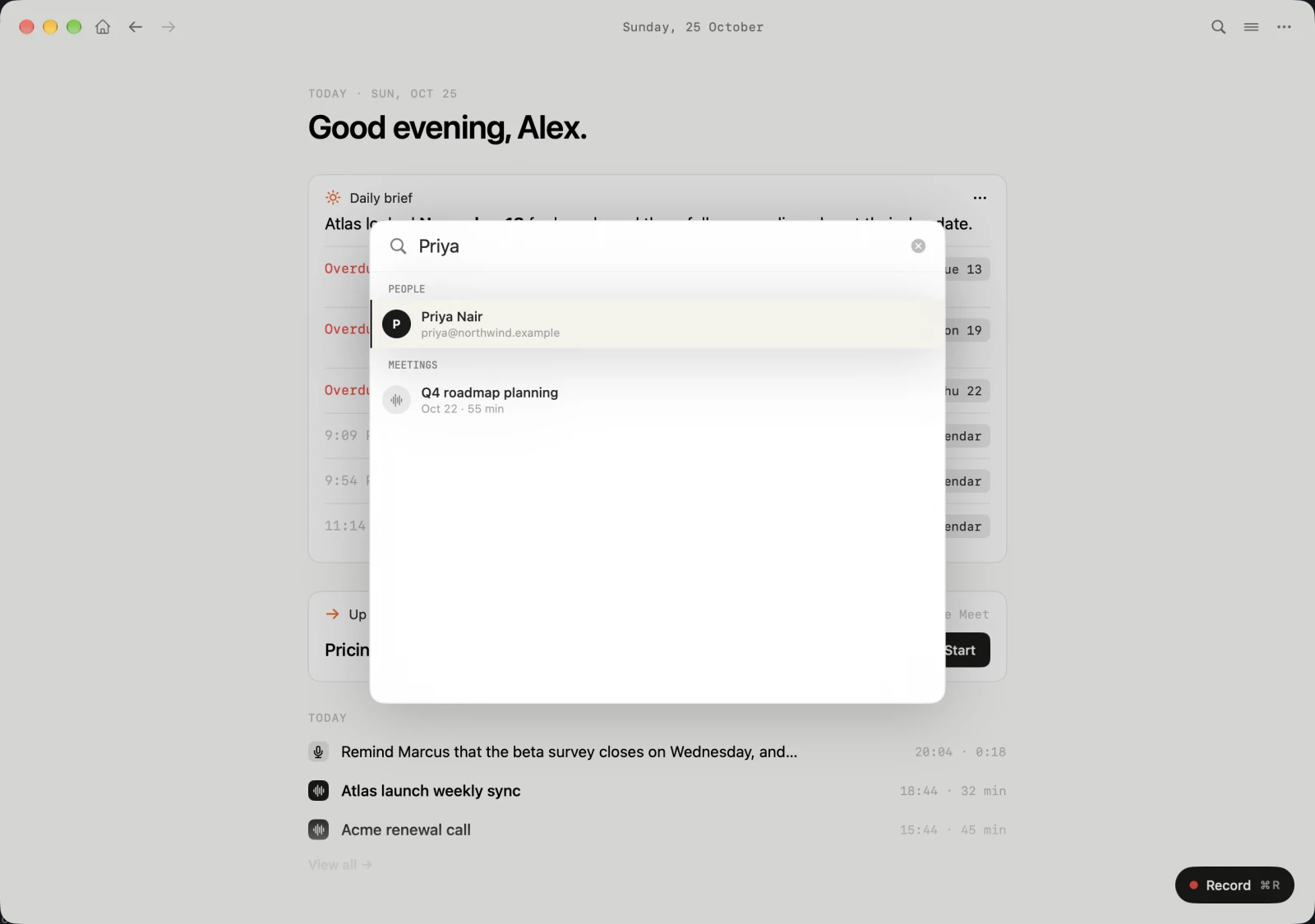 Hapi's ⌘K search overlay finding a person and a related meeting