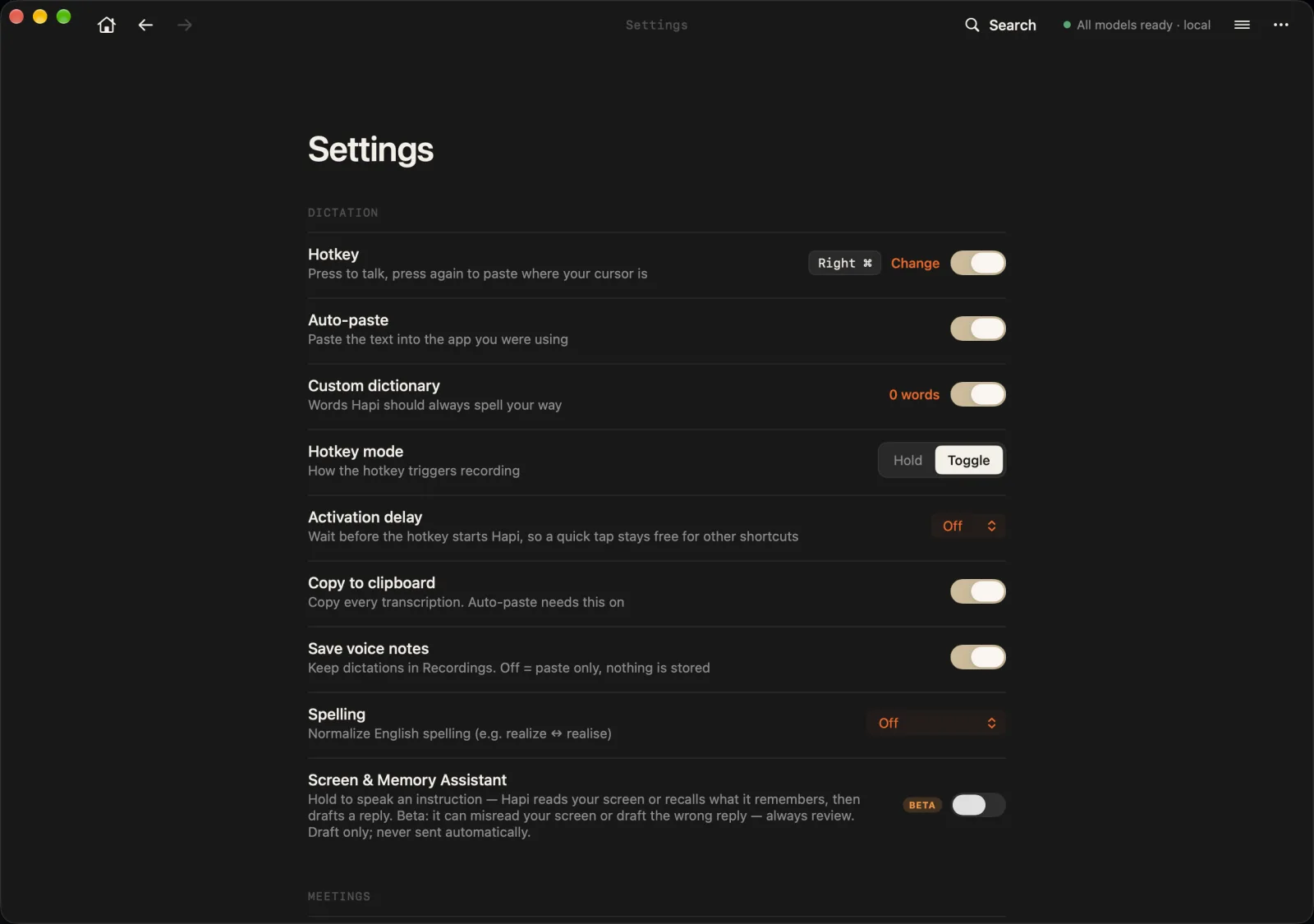 Hapi Settings page with the Dictation section: hotkey, auto-paste, custom dictionary, hotkey mode, and the Screen & Memory Assistant toggle