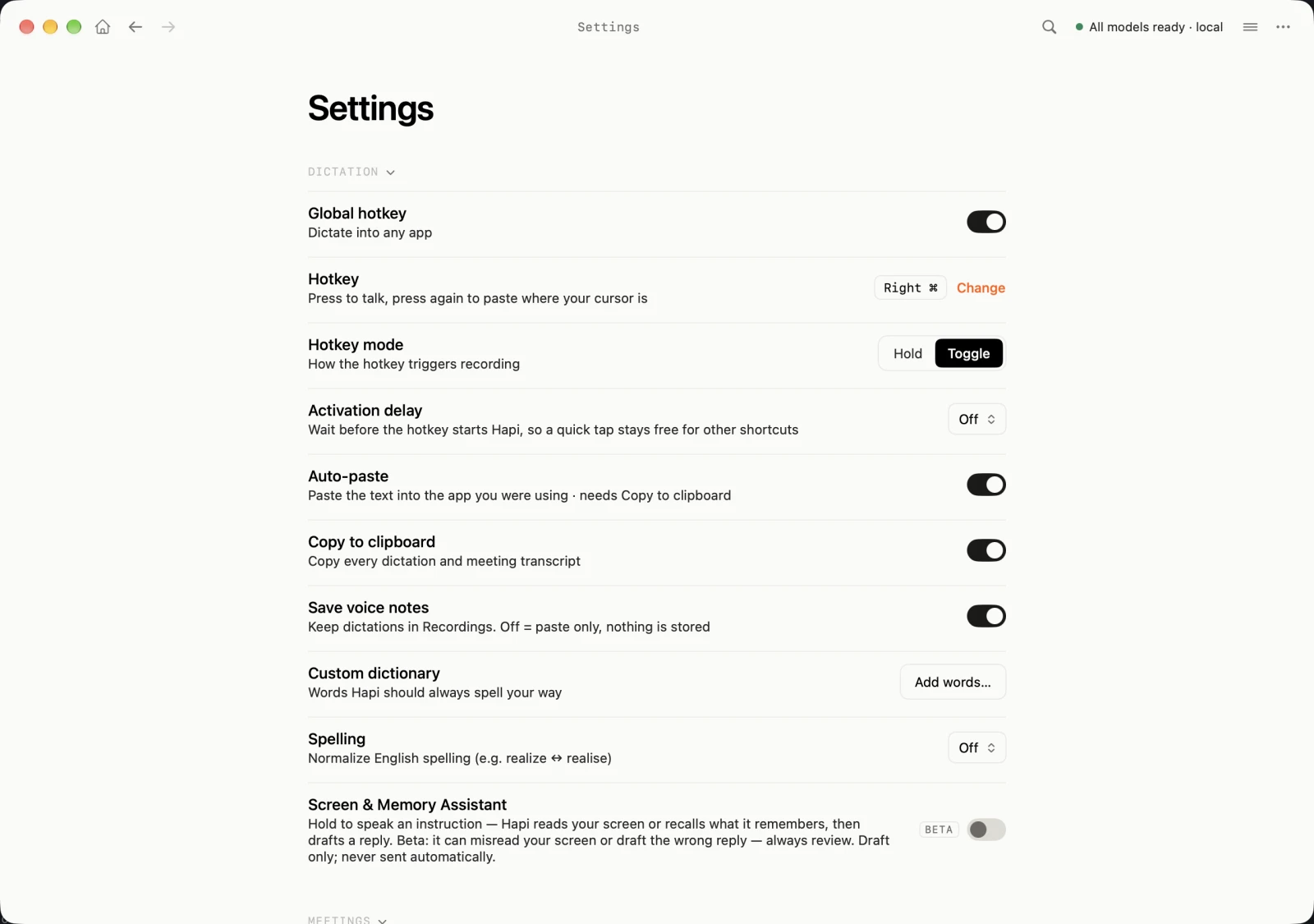 Hapi Settings page with the Dictation section: hotkey, auto-paste, custom dictionary, hotkey mode, and the Screen & Memory Assistant toggle