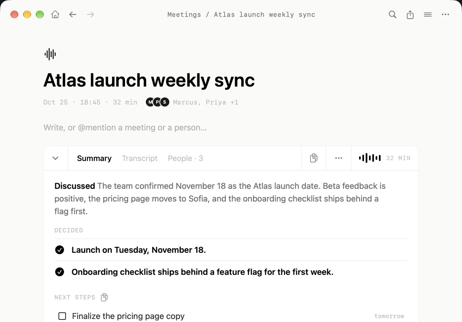 A meeting note with a summary and its first topic