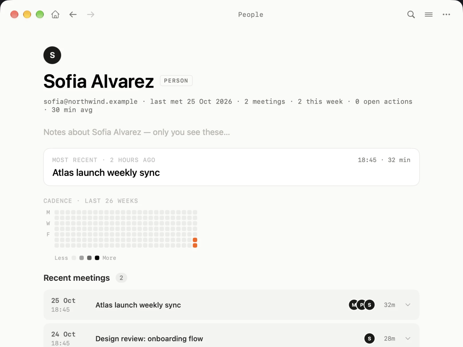 A person page with the latest conversation, an open task and meeting cadence